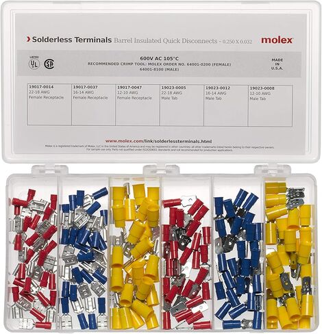 Woodhead - KIT-MX3 Molex 194130098 Solderless Terminals Kit, Fully Insulated Quick Disconnects, Made in America, 150pcs in Saudi Arabia