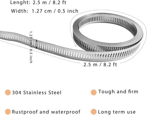 مشبك خرطوم، مجموعة مشابك خرطوم، حزام معدني من الستانلس ستيل 304 بطول 8.2 قدم مع فتحات + 6 مثبتات، مشبك خرطوم تروس دودي قابل للتعديل، مشابك انابيب الوقود لخطوط الانابيب والتطبيقات الميكانيكية in Kuwait