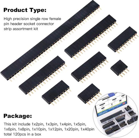 Glarks 120Pcs 2.54mm Straight Single Row PCB Board Female Pin Header Socket Connector Strip Assortment Kit for Arduino Prototype Shield(Single Row) in Saudi Arabia