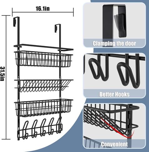 ANSTEEP Over The Door Organizer with Hooks, Door Towel Holder with 3 Baskets and 5 Hooks Hanging Storage Shelves Spice Racks for Bedroom, Kitchen,Bathroom in Kuwait
