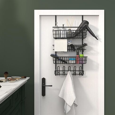 ANSTEEP Over The Door Organizer with Hooks, Door Towel Holder with 3 Baskets and 5 Hooks Hanging Storage Shelves Spice Racks for Bedroom, Kitchen,Bathroom in Kuwait