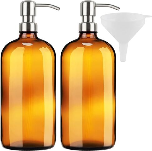 Kitchentoolz Large Pump Bottle - 32 Ounce Glass Shampoo and Soap Dispenser - Amber in Kuwait