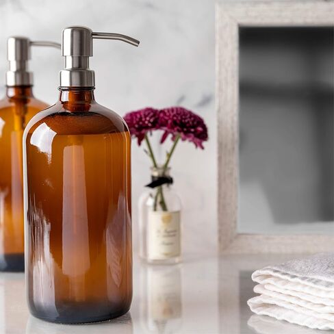 Kitchentoolz Large Pump Bottle - 32 Ounce Glass Shampoo and Soap Dispenser - Amber in Kuwait