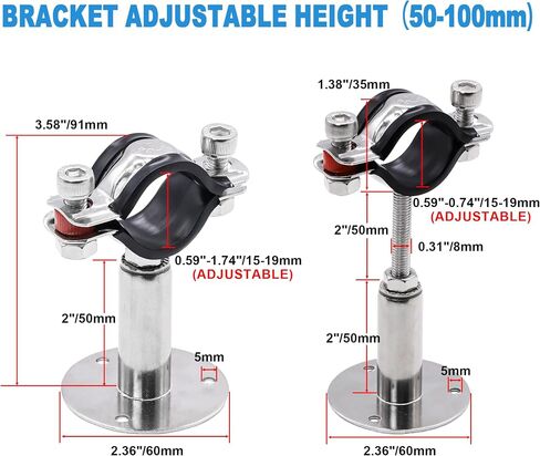 2 Pack Pipe Supports,304 Stainless Steel Wall Mount Ceiling Mount Pipe Bracket Clamp Ring Hanger with Screws for Pipe OD 15-19mm, Bracket Adjustable Height 50-100mm in Kuwait