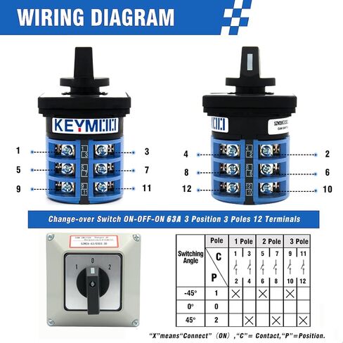 Keymoo 63A Rotary Changeover Switch with Exterior Box, 660V 3 Position 3 Phase 12 Terminals,Universal Selector Switch, Cam Switch IP65, CE 63/D303.3 (Switch&Exterior Box) in Saudi Arabia