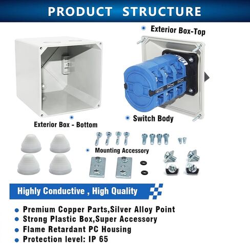 Keymoo 63A Rotary Changeover Switch with Exterior Box, 660V 3 Position 3 Phase 12 Terminals,Universal Selector Switch, Cam Switch IP65, CE 63/D303.3 (Switch&Exterior Box) in Saudi Arabia
