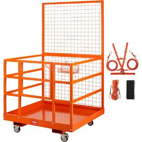 VEVOR 43x45in Cage, 1400lbs Load Capacity 43'' x 45'' Forklift Platform with Safety Harness & Lock, Drain Hole & Wheels & Tool Basket, Dual Nonslip Design Perfect for Aerial Work, Orange in Saudi Arabia
