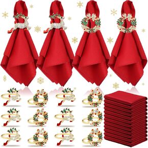 24 Pcs Christmas Napkins and Ring Set 12 Pcs Red Washable Christmas Napkins Cloth and 12 Pcs Christmas Napkin Rings Holder for Holiday Dinner Party(Metal, Elk, Snowflakes) in Kuwait