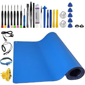 37 in 1, KooMall 10x2Ft ESD Rubber Mat Textured for Bench Floor with Anti Static Wrist Strap Grounding Plug Kit & Repair Tools for Soldering PC Building Cellphone Laptops Tablets Pad Watch Camera etc
