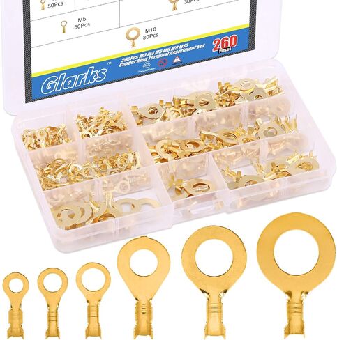 Glarks 260Pcs M3 M4 M5 M6 M8 M10 Copper Ring Terminal Assortment Set Non-Insulated Copper Ring Lugs Open Barrel Wire Crimp Connectors Kit in Saudi Arabia