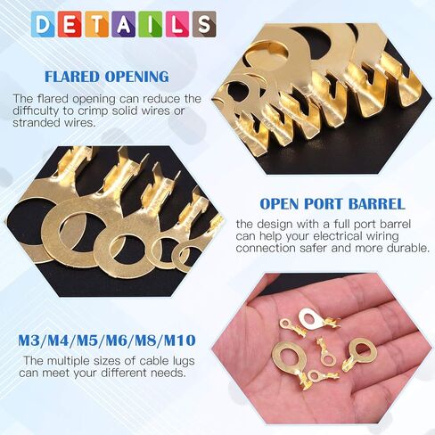 Glarks 260Pcs M3 M4 M5 M6 M8 M10 Copper Ring Terminal Assortment Set Non-Insulated Copper Ring Lugs Open Barrel Wire Crimp Connectors Kit in Saudi Arabia