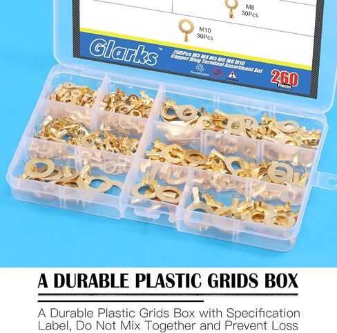 Glarks 260Pcs M3 M4 M5 M6 M8 M10 Copper Ring Terminal Assortment Set Non-Insulated Copper Ring Lugs Open Barrel Wire Crimp Connectors Kit in Saudi Arabia