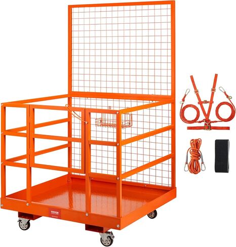 VEVOR 43x45in Cage, 1400lbs Load Capacity 43'' x 45'' Forklift Platform with Safety Harness & Lock, Drain Hole & Wheels & Tool Basket, Dual Nonslip Design Perfect for Aerial Work, Orange in Saudi Arabia