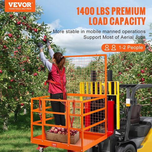 VEVOR 43x45in Cage, 1400lbs Load Capacity 43'' x 45'' Forklift Platform with Safety Harness & Lock, Drain Hole & Wheels & Tool Basket, Dual Nonslip Design Perfect for Aerial Work, Orange in Saudi Arabia