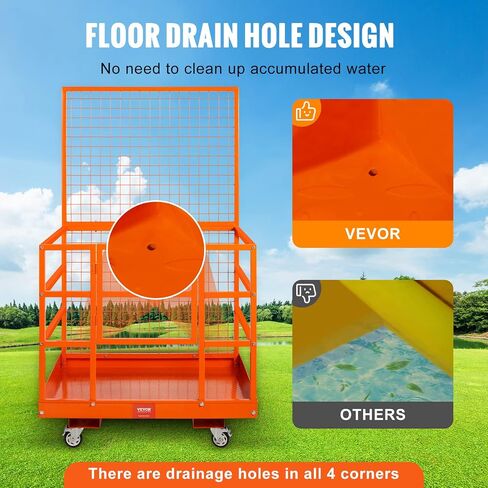 VEVOR 43x45in Cage, 1400lbs Load Capacity 43'' x 45'' Forklift Platform with Safety Harness & Lock, Drain Hole & Wheels & Tool Basket, Dual Nonslip Design Perfect for Aerial Work, Orange in Saudi Arabia