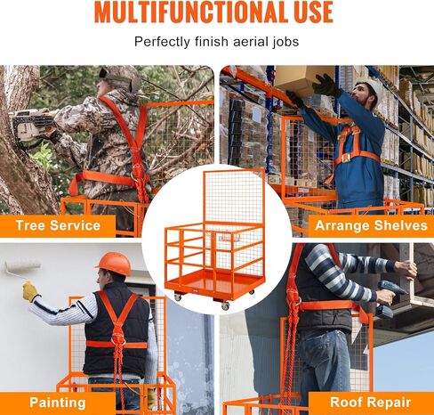 VEVOR 43x45in Cage, 1400lbs Load Capacity 43'' x 45'' Forklift Platform with Safety Harness & Lock, Drain Hole & Wheels & Tool Basket, Dual Nonslip Design Perfect for Aerial Work, Orange in Saudi Arabia