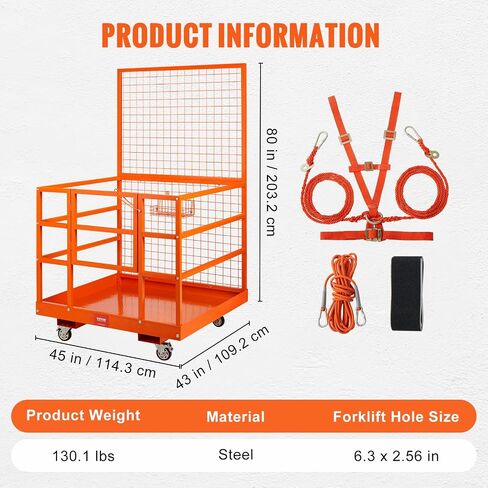 VEVOR 43x45in Cage, 1400lbs Load Capacity 43'' x 45'' Forklift Platform with Safety Harness & Lock, Drain Hole & Wheels & Tool Basket, Dual Nonslip Design Perfect for Aerial Work, Orange in Saudi Arabia