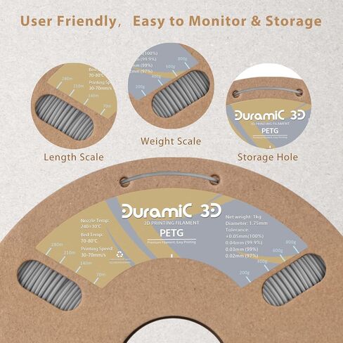 DURAMIC 3D PETG Filament 1.75 مم أسود، خيوط طباعة ثلاثية الأبعاد 1 كجم بكرة (2.2 رطل)، خيوط سوداء 1.75 مم دقة الأبعاد +/- 0.05 مم غير متشابكة، غير قابلة للانسداد، غير خيوط in Kuwait