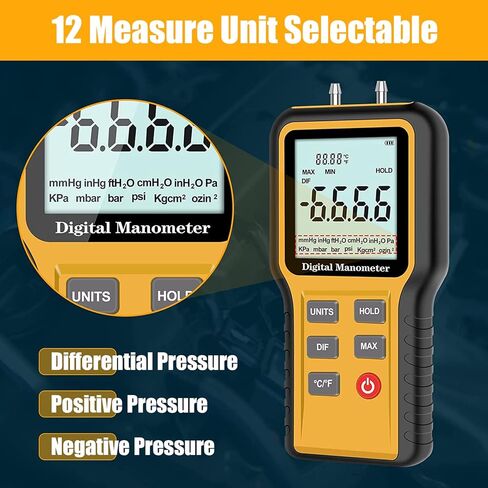 مقياس ضغط الغاز BTMETER، مقياس الضغط التفاضلي ثنائي المنفذ للتحقق من ضغط تدفق الهواء لفرن الغاز HVAC، مقياس ضغط رقمي مع إضاءة خلفية 12 وحدة قياس QX-1201 in Kuwait