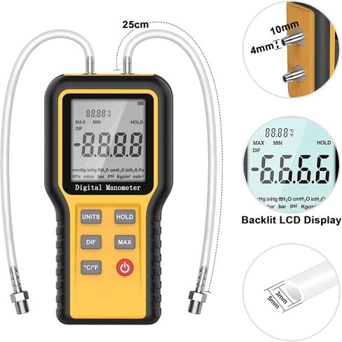 مقياس ضغط الغاز BTMETER، مقياس الضغط التفاضلي ثنائي المنفذ للتحقق من ضغط تدفق الهواء لفرن الغاز HVAC، مقياس ضغط رقمي مع إضاءة خلفية 12 وحدة قياس QX-1201 in Kuwait