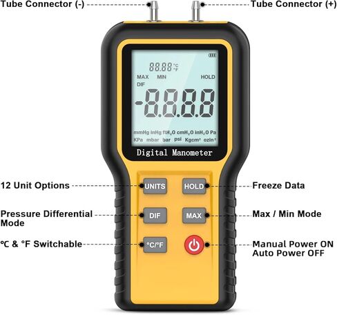 مقياس ضغط الغاز BTMETER، مقياس الضغط التفاضلي ثنائي المنفذ للتحقق من ضغط تدفق الهواء لفرن الغاز HVAC، مقياس ضغط رقمي مع إضاءة خلفية 12 وحدة قياس QX-1201 in Kuwait