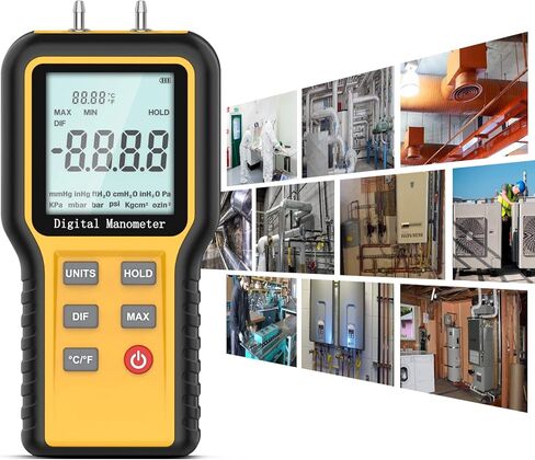 مقياس ضغط الغاز BTMETER، مقياس الضغط التفاضلي ثنائي المنفذ للتحقق من ضغط تدفق الهواء لفرن الغاز HVAC، مقياس ضغط رقمي مع إضاءة خلفية 12 وحدة قياس QX-1201 in Kuwait