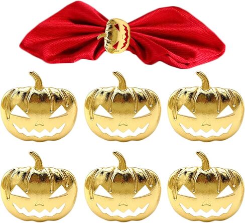 نيستر 6 قطع من خواتم مناديل الهالوين - مجموعة خواتم مناديل اليقطين الذهبية من خليط معدني، خواتم مناديل الخريف لتزيين طاولة العشاء in Kuwait
