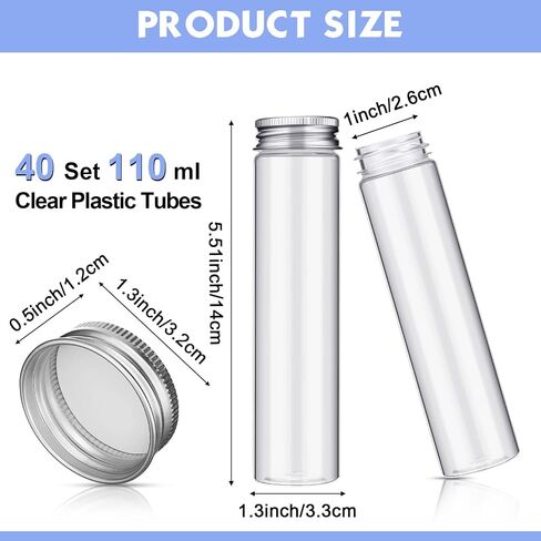 Mimorou 40 قطعة 110 مل أنابيب اختبار واضحة مع أغطية أنبوب حلوى بلاستيكي أنابيب اختبار شفافة مع غطاء أنابيب بلاستيكية مسطحة القاع لحاويات الحلوى أنبوب تخزين لتوابل الحلوى والزهور المجففة in Saudi Arabia