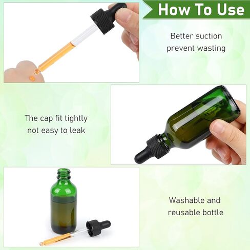 Epakh 100 Pack Glass Dropper Bottles, 2 oz Tincture Vials with Eye Droppers for Essential Oils, Liquids, Leakproof Travel Bottles (Green) in Saudi Arabia
