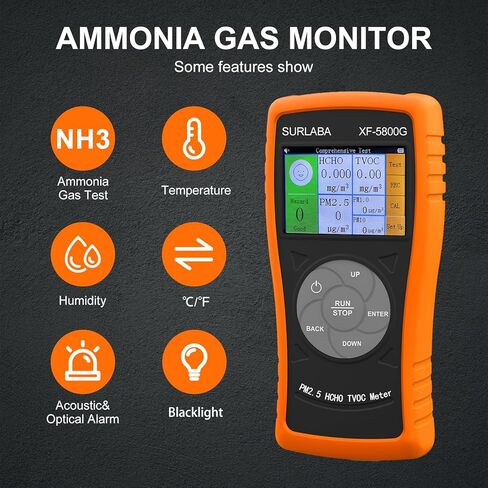 كاشف غاز الأمونيا المحمول، شاشة 0 ~ 100 جزء في المليون Nh3 XF-5800G USB قابلة لإعادة الشحن مع درجة الحرارة (℉/درجة مئوية)، والرطوبة، ومراقبة الإنذار لمزارع الدواجن والصناعة in Kuwait