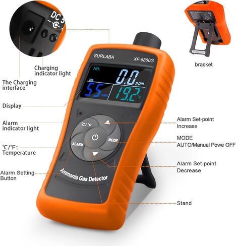 كاشف غاز الأمونيا المحمول، شاشة 0 ~ 100 جزء في المليون Nh3 XF-5800G USB قابلة لإعادة الشحن مع درجة الحرارة (℉/درجة مئوية)، والرطوبة، ومراقبة الإنذار لمزارع الدواجن والصناعة in Kuwait