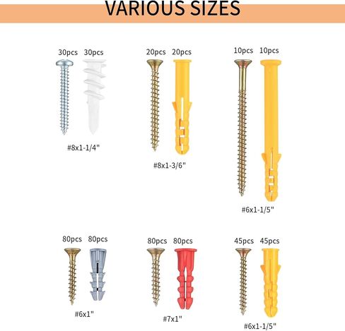 530 قطعة من مثبتات الحائط والمسامير للجدران الجافة، مجموعة متنوعة من مراسي الحوائط الجافة والمسامير، ومسامير ذات رأس مسطحة مجلفنة، ومراسي جدارية بلاستيكية ذاتية الحفر للجدار الجاف ومسامير للتعليق على الحائط in Kuwait