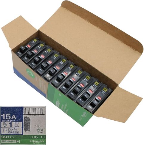 قاطع دائرة مربع D QO115، 10 حزم، QO، 15 أمبير، 120 فولت، مدرج في قائمة UL، عمود واحد، 10 كيلو أمبير هواء، نوع قياسي، توصيل، الكمية 10 in Kuwait