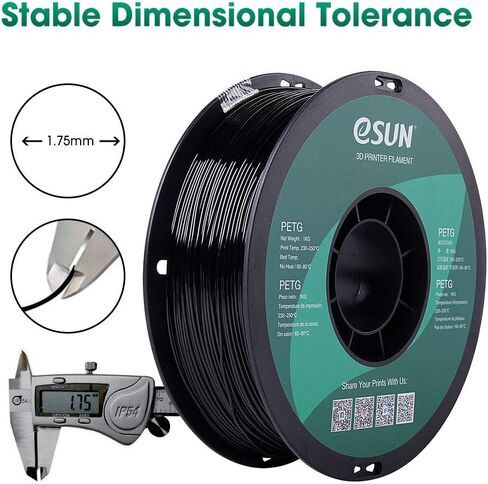 eSUN 3D 1.75 مم PETG خيوط سوداء 1 كجم (2.2 رطل)، خيوط طابعة ثلاثية الأبعاد PETG، دقة الأبعاد +/- 0.03 مم، 1.75 مم أسود غير شفاف صلب in Kuwait