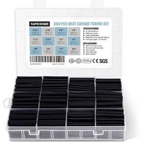 Heat Shrink Tubing Kit 360 PCS, 3:1 Ratio Dual Wall Heat Shrink Wrap, Adhesive Lined Marine Grade, TAPEHOME Industrial Heat-Shrink Tubing, Waterproof Electrical Shrink Tubes, Black, 7 Sizes in Kuwait