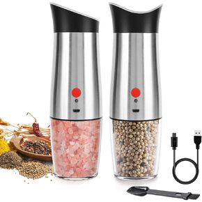 Electric Salt and Pepper Grinder Set - Battery Operated Pepper Mill Automatic, Battery Powered Auto Shakers with Light, Refillable Peppermills for Kitchen Black Wooden Color