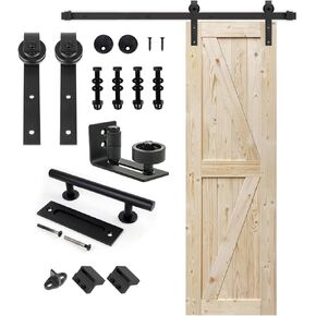 S&Z TOPHAND® 38in x 84in Unfinished British Brace Knotty Barn Door with Sliding Hardware Kit/Solid Wood/Sliding Door/Double Surfaces/A Simple Assembly is Required in Saudi Arabia