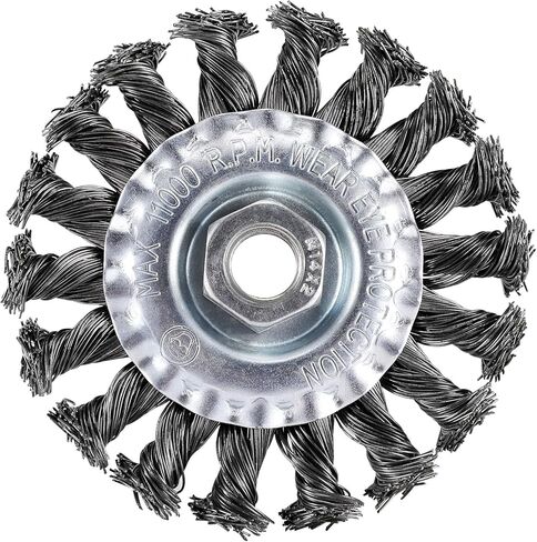 فرشاة عجلة سلكية مقاس 4 بوصات من TILAX، عجلة سلكية ملتوية معقودة لطاحونة الزوايا مع عمود خيط 5/8-11UNC، سلك فولاذي كربوني 0.02 بوصة للاستخدام الشاق للمعادن المختلفة in Kuwait