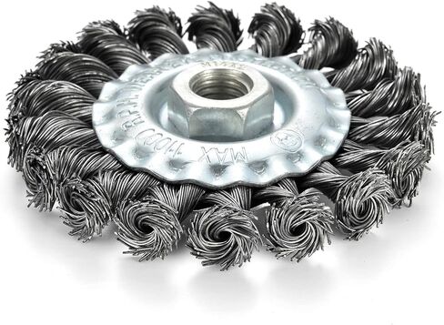 فرشاة عجلة سلكية مقاس 4 بوصات من TILAX، عجلة سلكية ملتوية معقودة لطاحونة الزوايا مع عمود خيط 5/8-11UNC، سلك فولاذي كربوني 0.02 بوصة للاستخدام الشاق للمعادن المختلفة in Kuwait