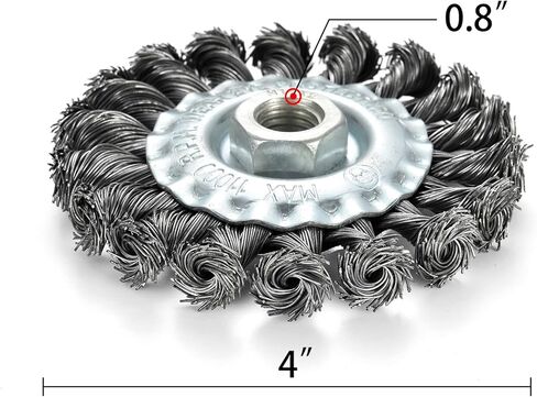 فرشاة عجلة سلكية مقاس 4 بوصات من TILAX، عجلة سلكية ملتوية معقودة لطاحونة الزوايا مع عمود خيط 5/8-11UNC، سلك فولاذي كربوني 0.02 بوصة للاستخدام الشاق للمعادن المختلفة in Kuwait