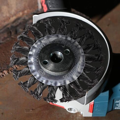 فرشاة عجلة سلكية مقاس 4 بوصات من TILAX، عجلة سلكية ملتوية معقودة لطاحونة الزوايا مع عمود خيط 5/8-11UNC، سلك فولاذي كربوني 0.02 بوصة للاستخدام الشاق للمعادن المختلفة in Kuwait