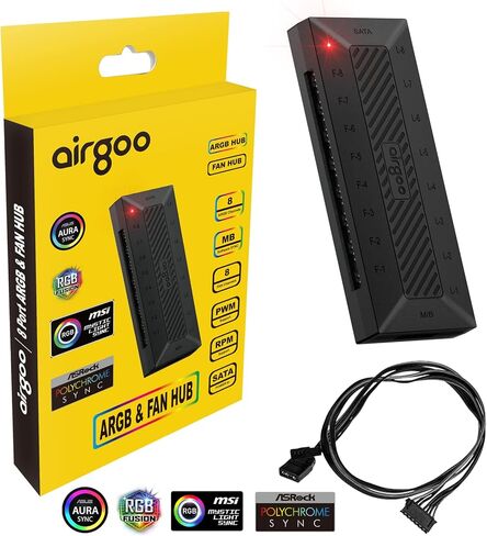 محور مروحة Airgoo PWM ARGB، 8 منافذ مروحة مع مزامنة التحكم في درجة الحرارة pwm مع اللوحة الأم، 8 منافذ RGB LED قابلة للتحكم لمزامنة Aura 5V 3-pin، Gigabyte RGB Fusion، MSI Mystic Light Sync، تعمل بالطاقة Sata in Kuwait