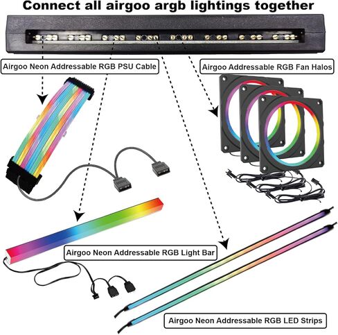 محور مروحة Airgoo PWM ARGB، 8 منافذ مروحة مع مزامنة التحكم في درجة الحرارة pwm مع اللوحة الأم، 8 منافذ RGB LED قابلة للتحكم لمزامنة Aura 5V 3-pin، Gigabyte RGB Fusion، MSI Mystic Light Sync، تعمل بالطاقة Sata in Kuwait