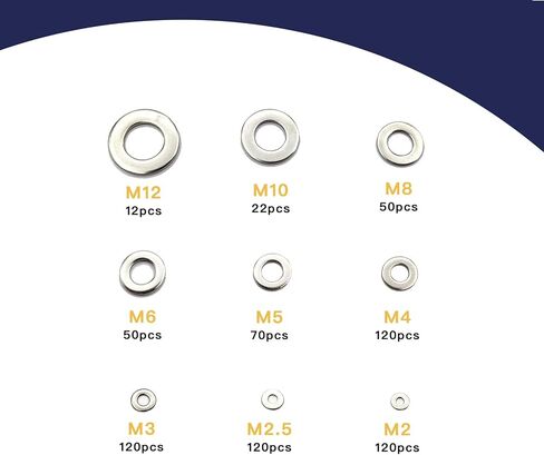 مجموعة غسالات مسطحة من الفولاذ المقاوم للصدأ 684 قطعة، غسالات للبراغي، مجموعة متنوعة من أدوات غسالات الحاجز المعدني، لتزيين المنزل، إصلاح المصانع، المطابخ M2/M2.5/M3/M4/M5/M6/M8/M10/M12 in Kuwait