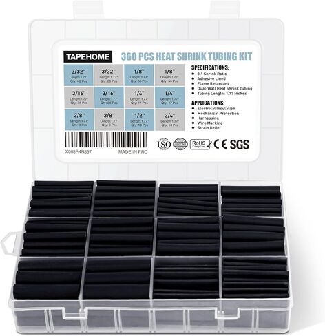 Heat Shrink Tubing Kit 360 PCS, 3:1 Ratio Dual Wall Heat Shrink Wrap, Adhesive Lined Marine Grade, TAPEHOME Industrial Heat-Shrink Tubing, Waterproof Electrical Shrink Tubes, Black, 7 Sizes in Kuwait