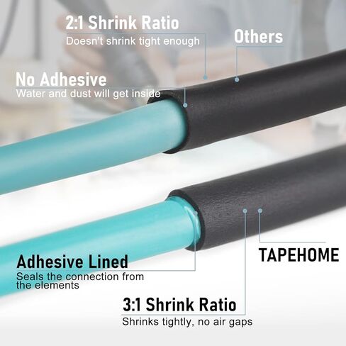 Heat Shrink Tubing Kit 360 PCS, 3:1 Ratio Dual Wall Heat Shrink Wrap, Adhesive Lined Marine Grade, TAPEHOME Industrial Heat-Shrink Tubing, Waterproof Electrical Shrink Tubes, Black, 7 Sizes in Kuwait
