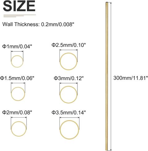 DTGN 1mm 1.5mm 2mm 2.5mm 3mm 3.5mm x 0.2mm x 300mm(ODxWall TxL) Brass Tube - 2Set - Good for Machinery Equipment - Metal Tubing in Saudi Arabia