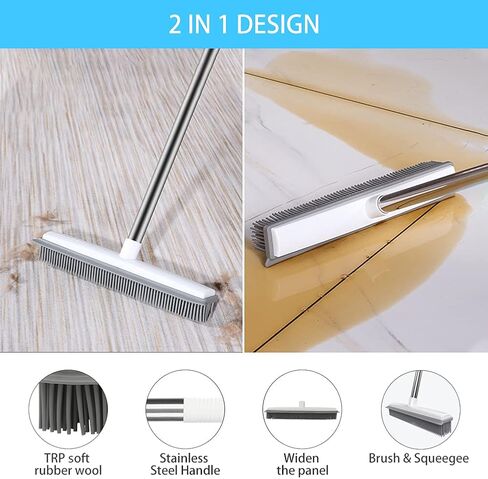 Globalstore Push Broom Pet Hair Removal Broom with Squeegee, Soft Silicone Bristle Broom with 47" Adjustable Long Handle, Non Scratch Carpet Sweeper Brush for Cat/Dog Hair Hardwood Tile Windows in Saudi Arabia