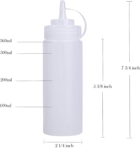 Bekith 12 pack 12 Oz Plastic Squeeze Condiment Bottles with Twist On Cap Lids and Discrete Measurements, Wide Mouth Empty Squirt Bottle For Sauce, Ketchup, BBQ, Dressing, Paint, Pancake Art Dispenser in Saudi Arabia