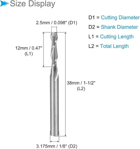 CoCud Spiral End Mills, 1/8" Shank 2.5mm x 12mm Solid Carbide 2-Flute CNC Router Bits Milling Cutters - (Applications: for Plywood Hardwood Plastic), 5-Pieces in Kuwait